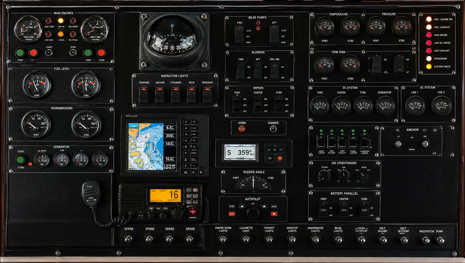 A conventional helm assembled from many separate controls